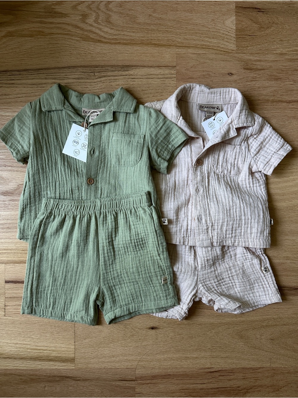 Bundle 2 NWT Bearpaw Baby Gauze Short Sets Sage Green & Cream